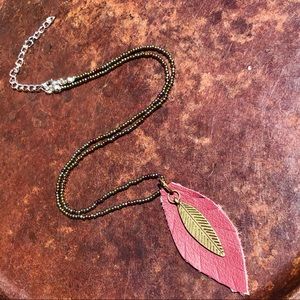 Brass Leaf, Maroon Leather, Metallic Bead Necklace